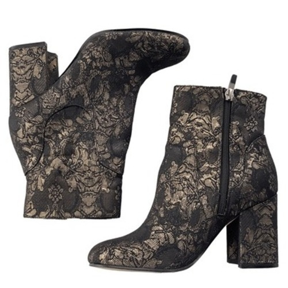 Marc Fisher‎ Black & Gold Floral Lace Textile Ankle Boots, Size 6.5M